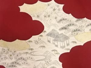 アンティーク　塩瀬　手描き　田舎風景模様名古屋帯